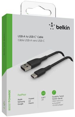 Belkin USB-C/ USB-A Kabel ummantelt, 2m, schwarz