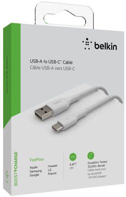 Belkin USB-C/ USB-A Kabel ummantelt, 2m, weiß
