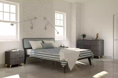 Schlafzimmer Set Luxus Bett 2x Nachttische Design grau 3tlg Kommode