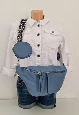 Bauchtasche Cross Body Bag Kunstleder bunter Gurt + Tasche 2 RV Jeansblau