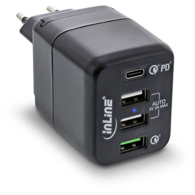 InLine® USB Netzteil, 4-port Ladegerät, USB-C PD + QC4 / QC3, 45W, schwarz