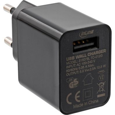 InLine® USB Ladegerät Single, Netzteil, Stromadapter, 100-240V zu 5V/2,5A, schwa