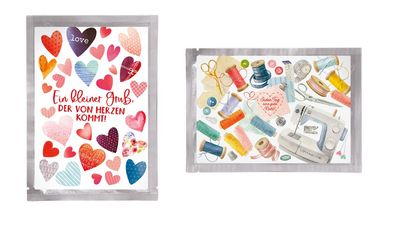 1 Tee - Postkarte, Herzen oder Nähutensilien, Grußkarte Postkarten Herz nähen Karte