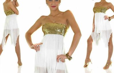 Sexy Miss Damen Bandeau Mini Kleid Pailletten Dress weiß gold XS 32/34 oder Rock