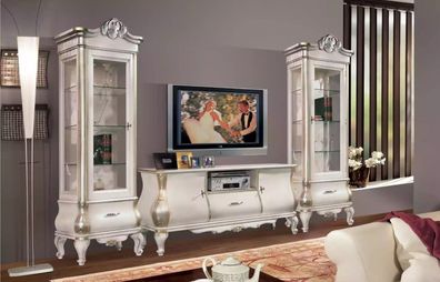 Klassische Weiße Wohnwand TV-Ständen 2x Vitrinen Elegantes Set 3tlg Schrank