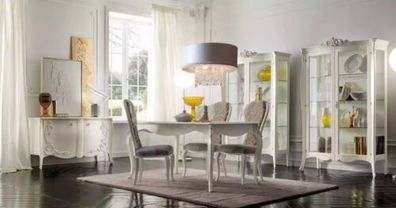 Luxus Esszimmer Set Garnitur 7tlg Weiß Holz Möbel Vitrine 4x Stühle Tisch