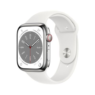 Apple Watch 8 Cell 45mm Silver Steel Sport Band White