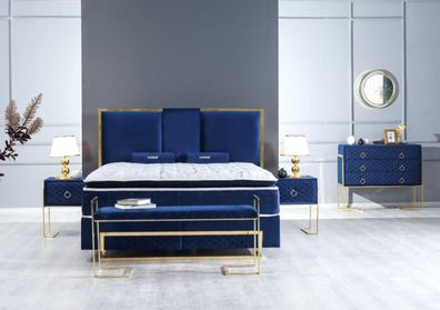 Schlafzimmer Set Bett Blau Hocker Kommode Design Luxus 2x Nachttische 5tlg. Neu