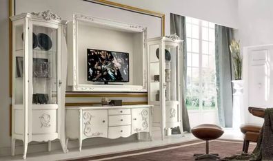 Klassische Stil Weiß Wohnwand Lowboard 2x Vitrine TV-Rahmen Gruppe Neu