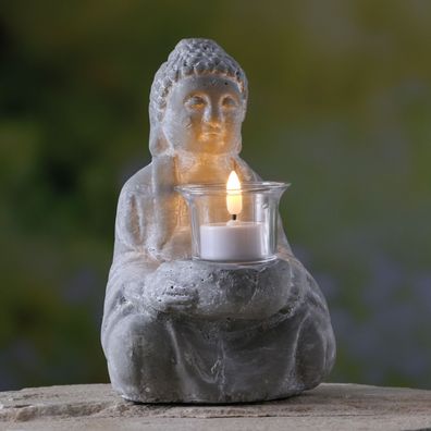 Teelichthalter Buddha Statue Kerzenhalter Zen Deko H: 20cm grau