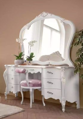 Klassischer Massivholz Schminktisch Schlafzimmer Möbel Set 2tlg Weiß