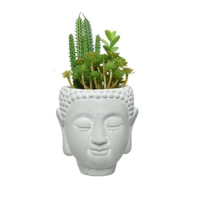 Künstliche Sukkulenten im Buddha Kopf Pflanztopf Kunstpflanzen H: 23cm grün