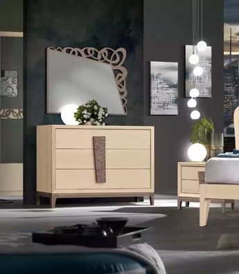 Schlafzimmer Set Luxus Kommode Spiegel Design Möbel beige 3tlg Holz