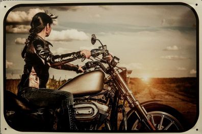 Top-Schild m. Kordel, 20 x 30 cm, Biker Lady, Motorrad, Sonnenuntergang, neu & ovp