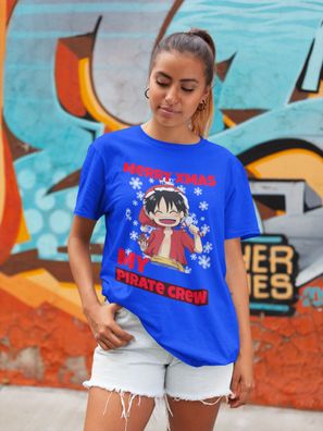 Damen T-Shirt Oversize Weihnachts One Piece Piraten Crea Luffy Xmas