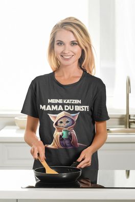 Damen T-Shirt Oversize Funny Katzen Mama Star Wars Yoda Spruch