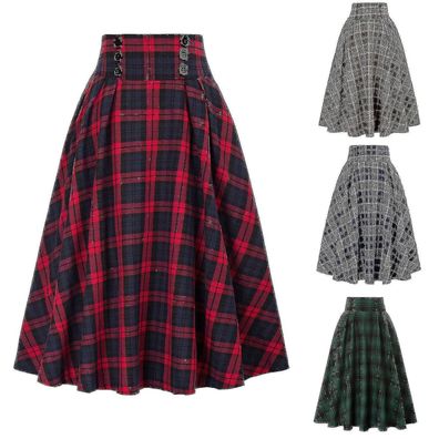 Womens Plaid Wool Skirts Elastic Waist A-line Pleated Tartan Long Skirts I