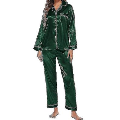 Womens Silky Satin Pajamas Loungewear Two-piece Sleepwear Button-down Pajama Set