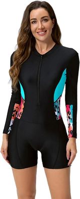 Women's Short/ long Sleeve One-piece Swimsuit With Tropical Floral Print Zipper Front