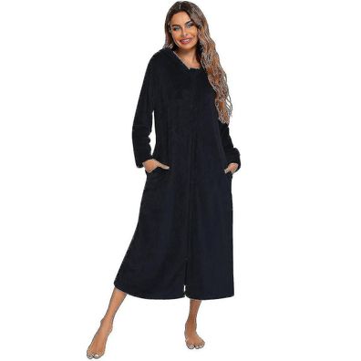 Women's Zip Up Plush Fleece Robe Hooded Warm Long Bathrobe Dressing Gown Winter Cozy