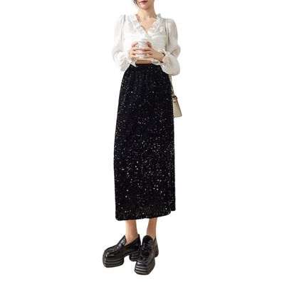 Women's Side Split Long Skirts Shiny Glitter Solid Color Elastic Waist Skirts For
