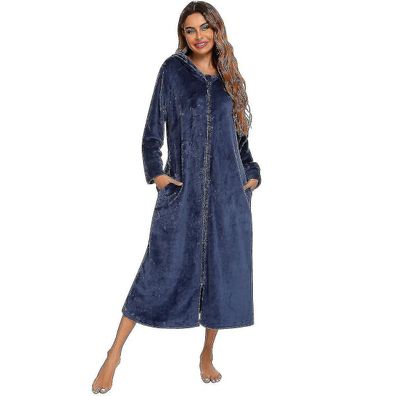 Women's Zip Up Plush Fleece Robe Hooded Warm Long Bathrobe Dressing Gown Winter Cozy