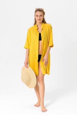 Women's Pareo Yellow Linen Shirt Dress Pareo Swimsuit Dress Tunic Cover Ups for