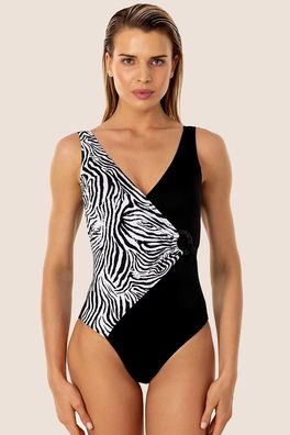 Women's Zebra Patterned Gathering Swimwear One Piece 2023 Zipper Monokini Bathing