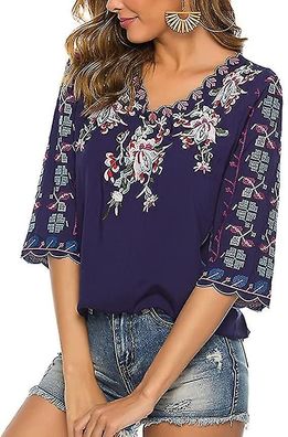 Women's Summer V Neck Boho Floral Embroidered Tops Mexican Style Shirts Short Sleeve