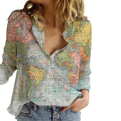 World Map Print Shirt Lady Long Sleeve Blouse Summer Daily Causal Tops