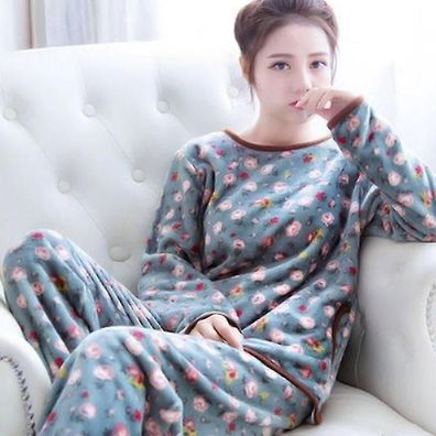 Women's Thick Cartoon Flannel Set Sleepwear Winter Warm Long Sleeve Coral Fleece