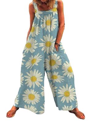 Women's Summer Floral Print Sleeveless Loose Trousers Overalls