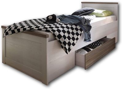 Einzelbett Komfortbett Pinie-Optik weiß, Bettkasten, Liegefläche 100x200 cm