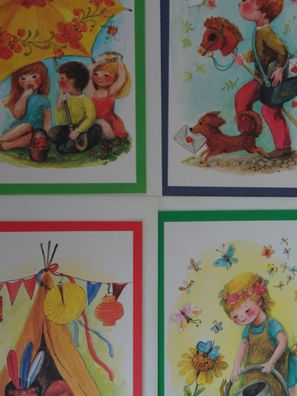 4 alte mini Grußkarten Künstlerkarten Kinder Steckenpferd Indianer Zeltlager ...