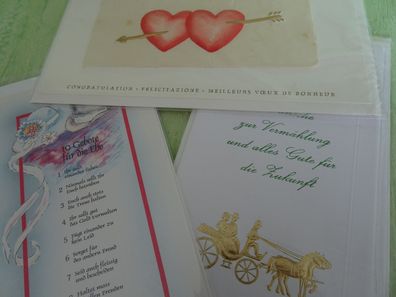 EDEL alte Grußkarte zur Hochzeit Vers Spruch Hochzeitskutsche geprägte Herzen