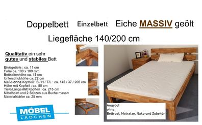 Bett Udo Doppelbett Einzelbett Massivholz Eiche geölt, 140 x 200 cm