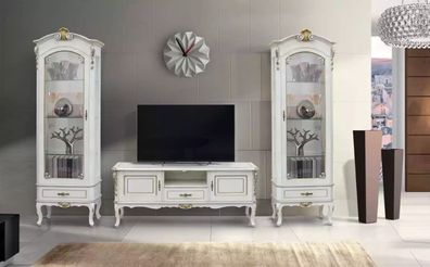 Set 3tlg. Wohnwand TV-Ständer 2x Vitrine Italienische Stil Möbel Weiß