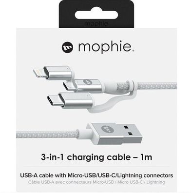 Mophie Lade Daten USB Kabel 1m auf MicroUSB, Lightning und USB-C in Weiss