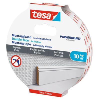 tesa Montageband, 5m x 19mm, für Tapeten und Putz, bis zu 10kg/ m, weiß
