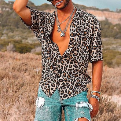 Men"s Baggy Beach Leopard Print Short Sleeve Button Retro T Shirts Tops Blouse