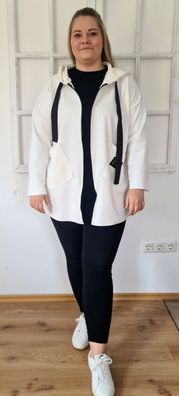 Italy 38 40 42 44 Damen Übergangsjacke Velours-Optik Kapuze Taschen Zierband Weiß