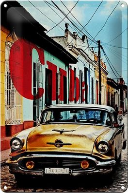 Blechschild Spruch 20x30 cm Cuba altes gelbes Autos Oldtimer Metall Deko Schild