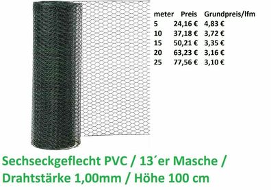Sechseckgeflecht Höhe 100 cm PVC Draht Hasendraht Drahtgeflecht 6eck Gartenzaun