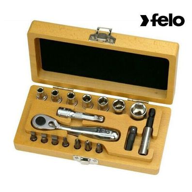 Felo - XS-18-Classic 1/4 Holz-Werkzeugbox mit Miniratsche 18-tlg. -