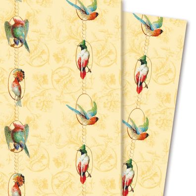 Klassisches Geschenkpapier Birds on a String mit Papageien, gelb - G4245, 32 x 48cm
