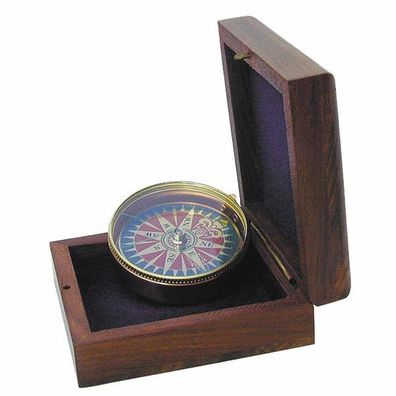 Kompass, Tischkompass mit Windrosenblatt aus Messing in Edelholzbox