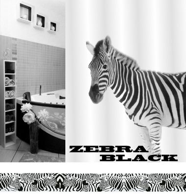 Zebra Black Textil Duschvorhang 180 x 200 cm. Schwarz Weiss Tiermotiv
