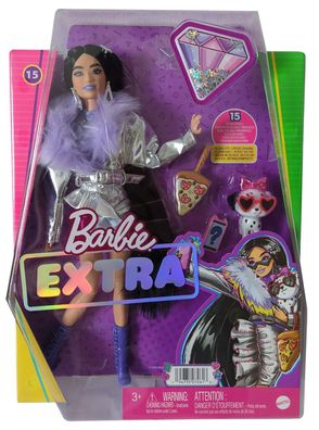 Mattel HHN07 Barbie Extra, Puppe mit silbernen Outfit und lila Stiefeln, Hündche