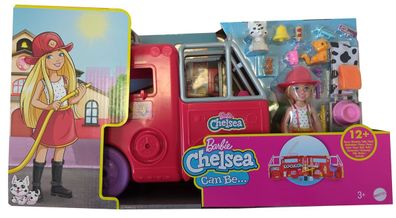 Mattel HCK73 Barbie Chelsea Can Be, Puppe mit Feuerwehrauto, Hund und Katze und