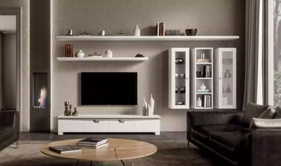 Wohnzimmer Lowboard Wohnwand Holz Schrank Design Weiß Modern Set 6tlg.